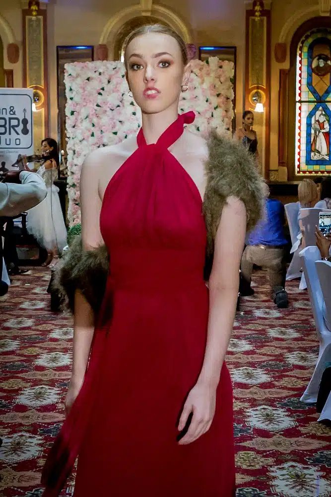 Cameo Dress by Lucy Laurita with Garnet georgette and faux fur image