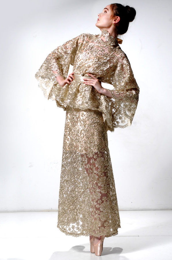 Top and Skirt Gold Lace with satin underslip