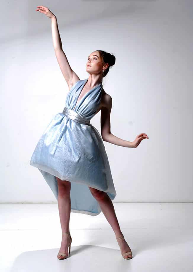 Lucy Laurita Cameo Bubble Gown Silver Lurex Mesh Ice Blue Lining Front Model Eryn Saunders Image Maurice Rinaldi